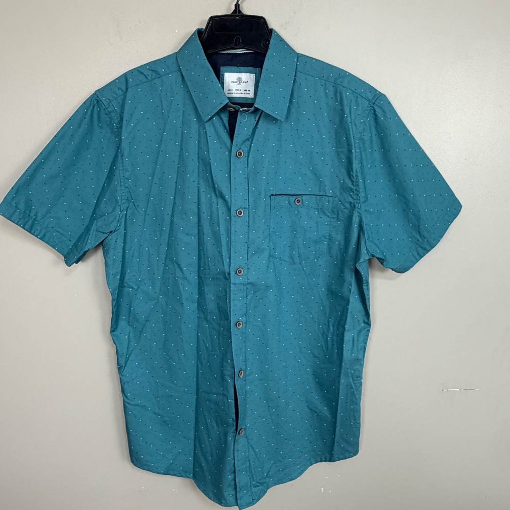 Craft + Flow Mens Teal Blue Micro Heart Print Short Sleeve Button Down Shirt M